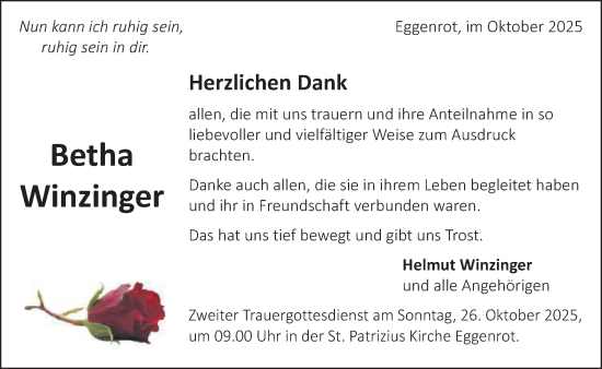 Traueranzeige von Betha Winzinger von Schwäbische Post