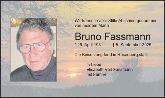Traueranzeige von Bruno Fassmann von Schwäbische Post