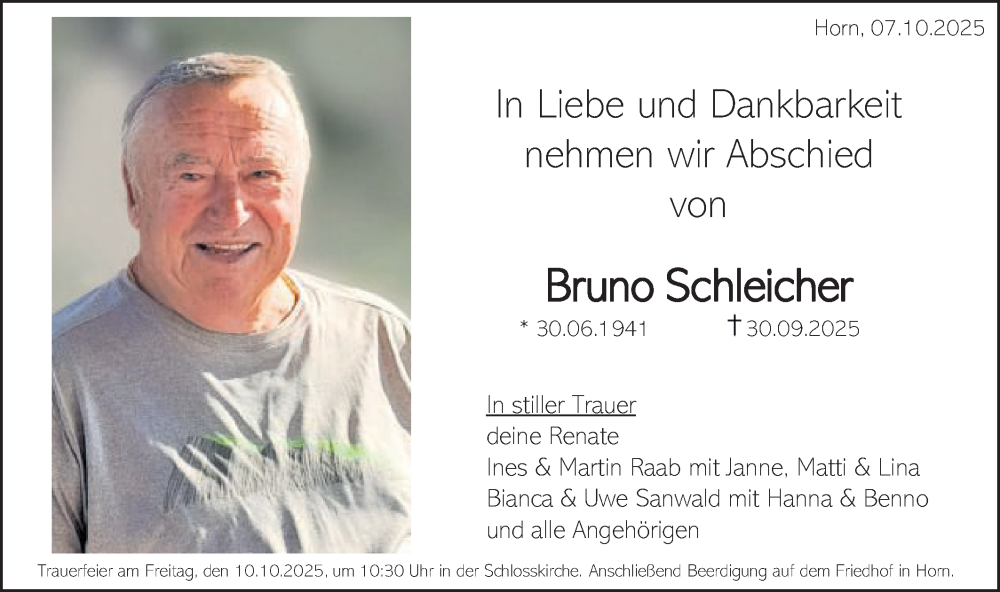  Traueranzeige für Bruno Schleicher vom 07.10.2025 aus Gmünder Tagespost