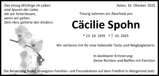 Traueranzeige von Cäcilie Spohn von Schwäbische Post