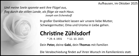 Traueranzeige von Christine Zühlsdorf von Schwäbische Post