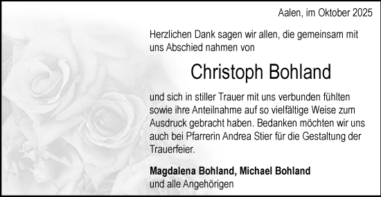 Traueranzeige von Christoph Bohland von Schwäbische Post
