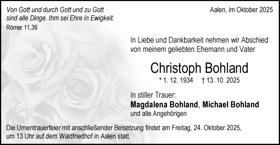 Traueranzeige von Christoph Bohland von Schwäbische Post