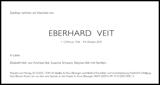 Traueranzeige von Eberhard Veit von Schwäbische Post