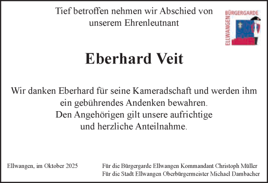 Traueranzeige von Eberhard Veit von Schwäbische Post