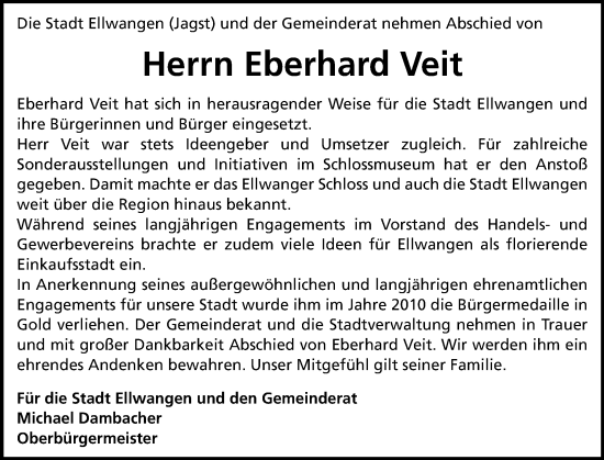 Traueranzeige von Eberhard Veit von Schwäbische Post