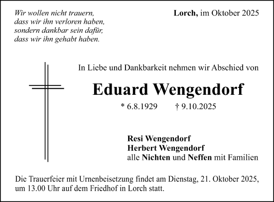 Traueranzeige von Eduard Wengendorf von Gmünder Tagespost