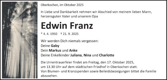 Traueranzeige von Edwin Franz von Schwäbische Post
