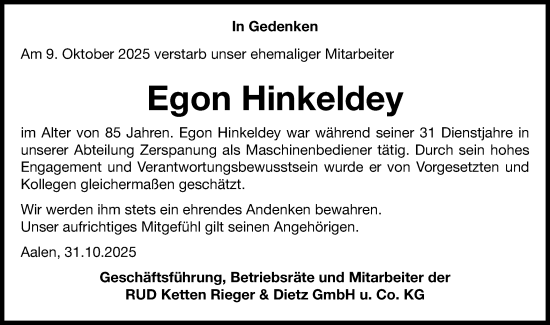 Traueranzeige von Egon Hinkeldey von Schwäbische Post