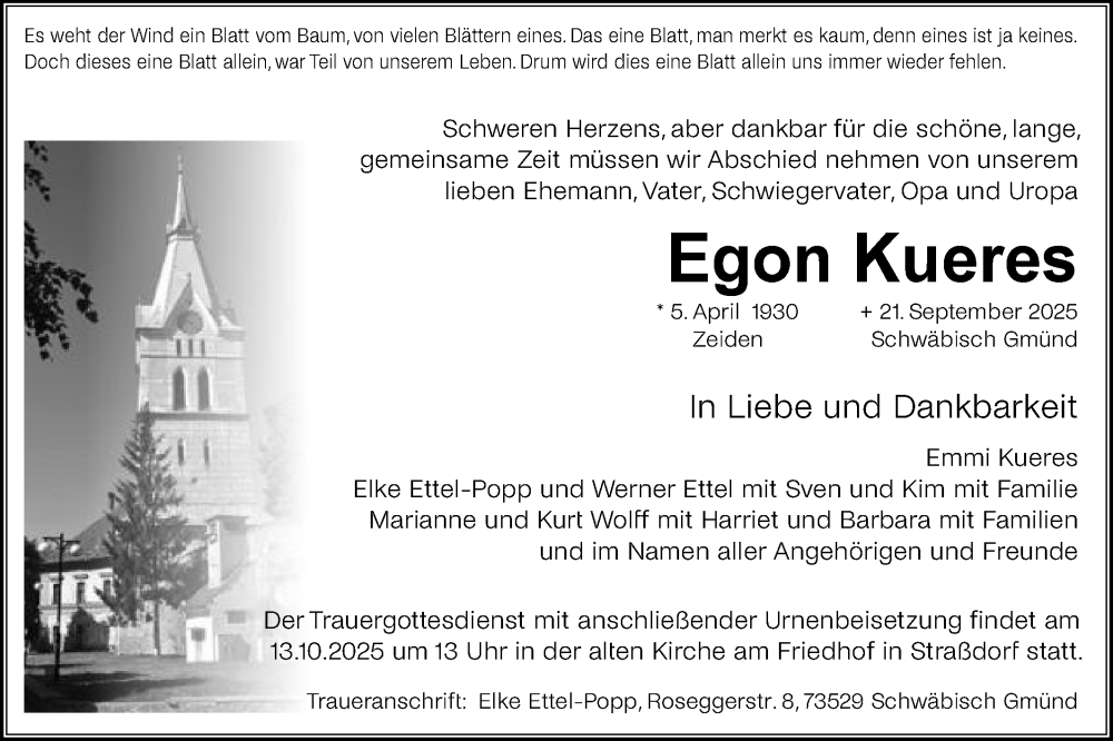  Traueranzeige für Egon Kueres vom 01.10.2025 aus Gmünder Tagespost