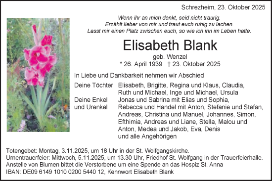 Traueranzeige von Elisabeth Blank von Schwäbische Post