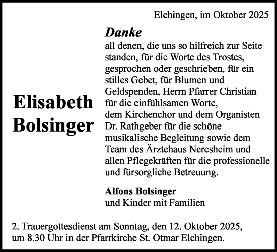 Traueranzeige von Elisabeth Bolsinger von Schwäbische Post