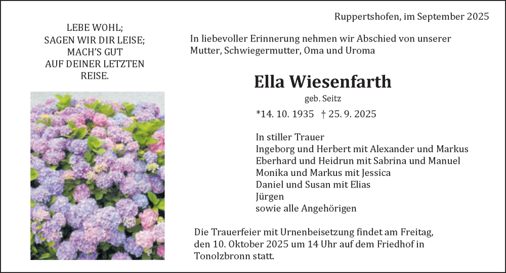 Traueranzeige für Ella Wiesenfarth vom 04.10.2025 aus Gmünder Tagespost