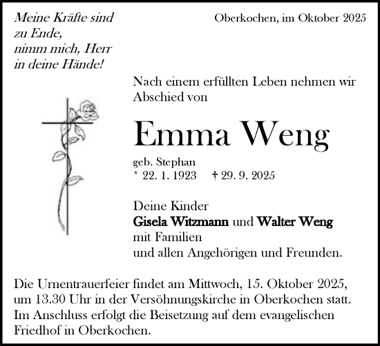 Traueranzeige von Emma Weng von Schwäbische Post