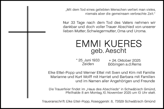 Traueranzeige von Emmi Kueres von Gmünder Tagespost