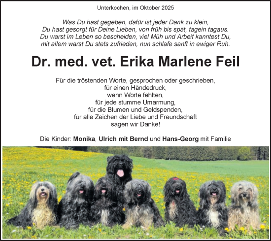 Traueranzeige von Erika Marlene Feil von Schwäbische Post