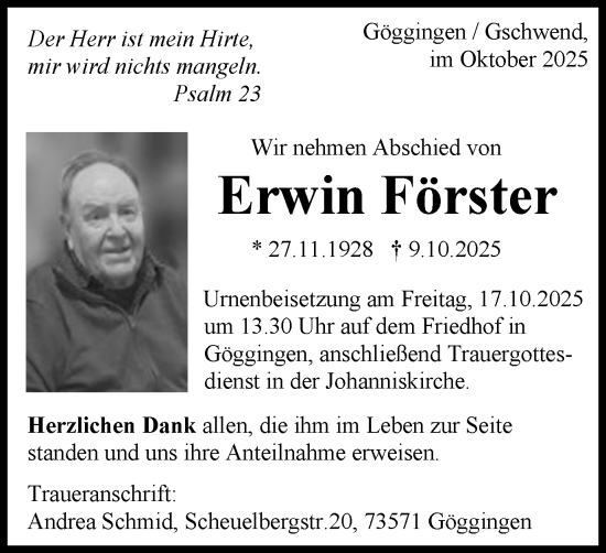 Traueranzeige von Erwin Förster von Gmünder Tagespost