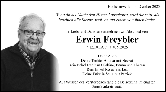 Traueranzeige von Erwin Freybler von Schwäbische Post