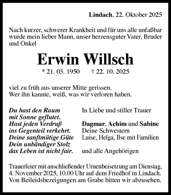 Traueranzeige von Erwin Willsch von Gmünder Tagespost