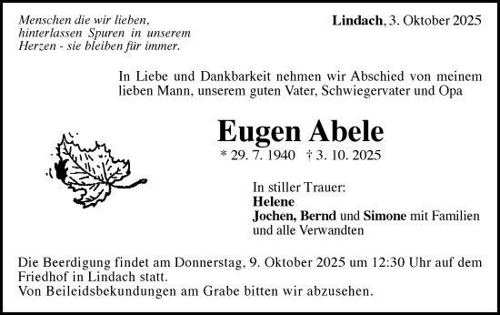 Traueranzeige von Eugen Abele von Gmünder Tagespost