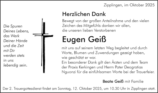 Traueranzeige von Eugen Geiß von Schwäbische Post