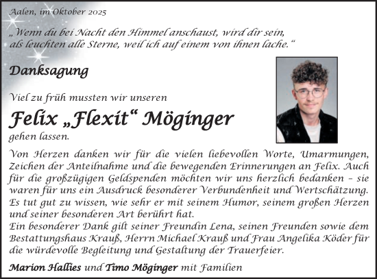 Traueranzeige von Felix Möginger von Schwäbische Post