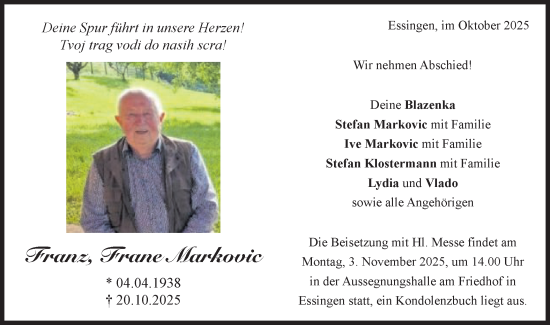 Traueranzeige von Franz Markovic von Schwäbische Post