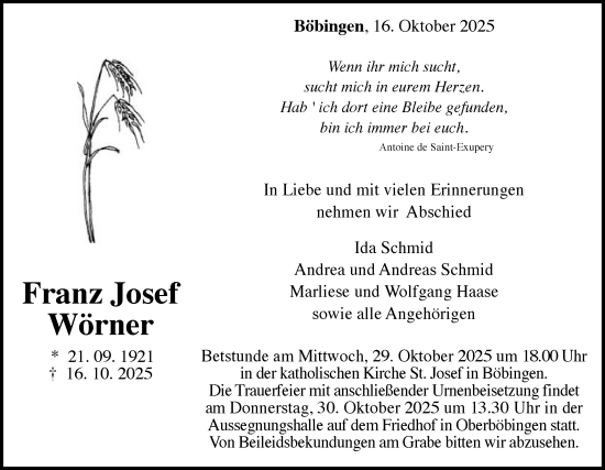 Traueranzeige von Franz Josef Wörner von Gmünder Tagespost