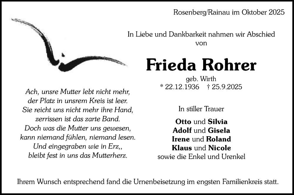  Traueranzeige für Frieda Rohrer vom 25.10.2025 aus Schwäbische Post