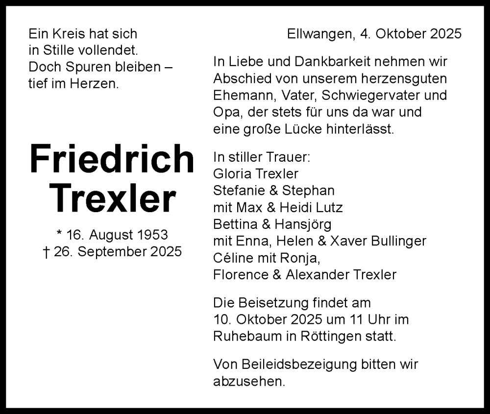  Traueranzeige für Friedrich Trexler vom 04.10.2025 aus Schwäbische Post