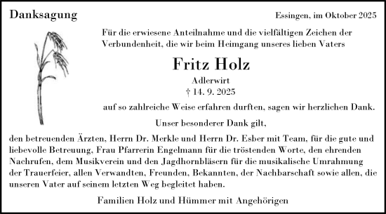 Traueranzeige von Fritz Holz von Schwäbische Post