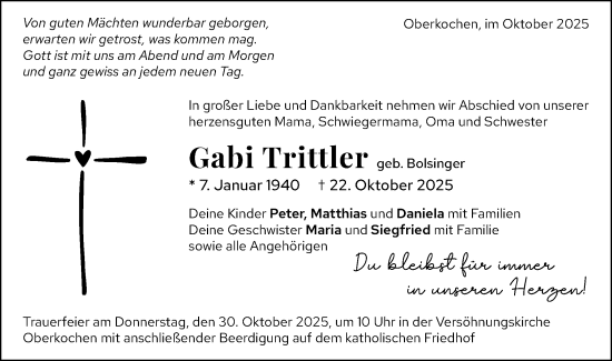 Traueranzeige von Gabi Trittler von Schwäbische Post
