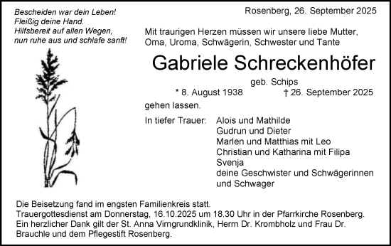 Traueranzeige von Gabriele Schreckenhöfer von Schwäbische Post