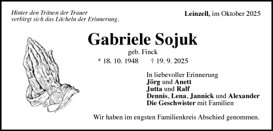 Traueranzeige von Gabriele Sojuk von Gmünder Tagespost