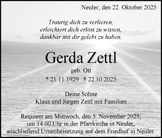 Traueranzeige von Gerda Zettl von Schwäbische Post