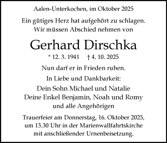 Traueranzeige von Gerhard Dirschka von Schwäbische Post