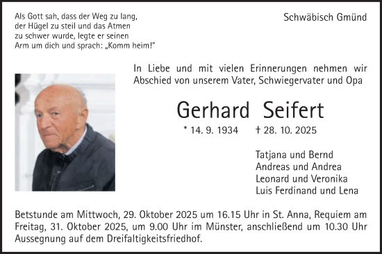 Traueranzeige von Gerhard Seifert von Gmünder Tagespost