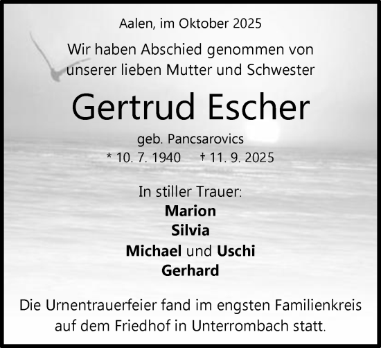 Traueranzeige von Gertrud Escher von Schwäbische Post