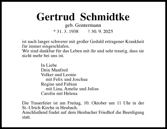Traueranzeige von Gertrud Schmidtke von Gmünder Tagespost
