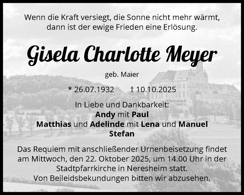  Traueranzeige für Gisela Charlotte Meyer vom 18.10.2025 aus Schwäbische Post