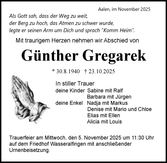 Traueranzeige von Günther Gregarek von Schwäbische Post