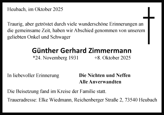 Traueranzeige von Günther Gerhard Zimmermann von Gmünder Tagespost