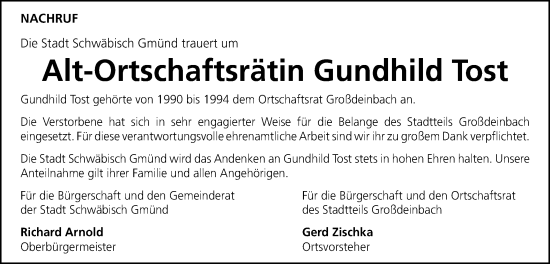 Traueranzeige von Gundhild Tost von Gmünder Tagespost