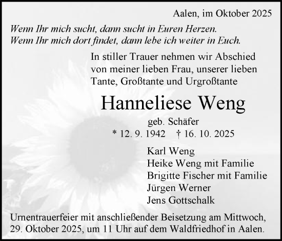 Traueranzeige von Hanneliese Weng von Schwäbische Post