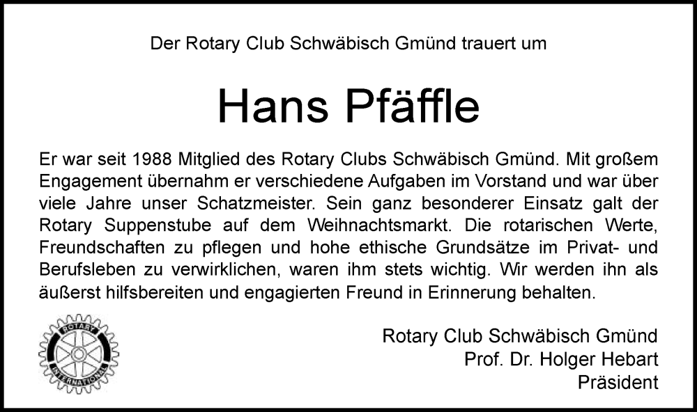  Traueranzeige für Hans Pfäffle vom 10.10.2025 aus Gmünder Tagespost