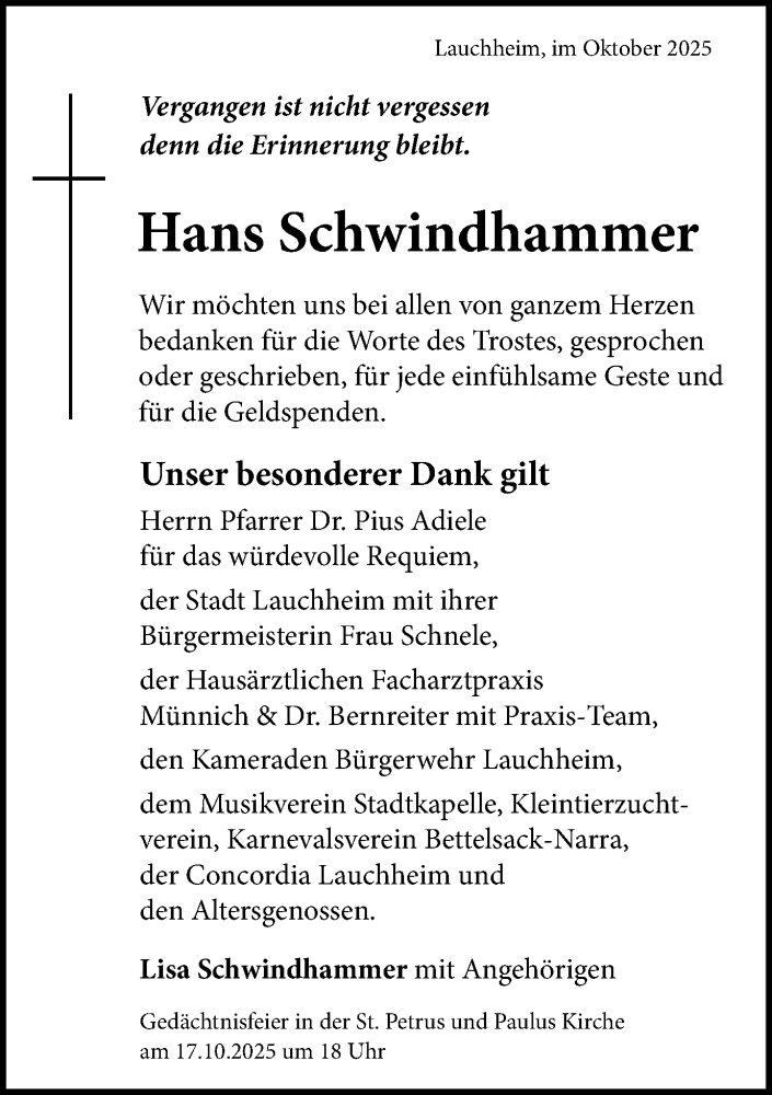  Traueranzeige für Hans Schwindhammer vom 16.10.2025 aus Schwäbische Post