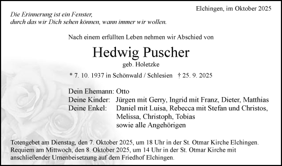Traueranzeige von Hedwig Puscher von Schwäbische Post