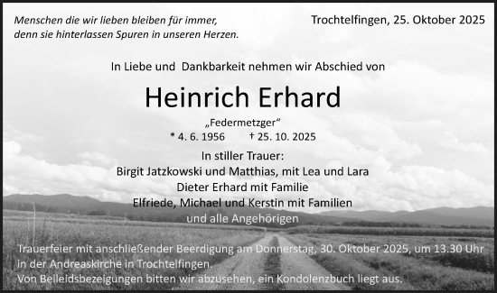 Traueranzeige von Heinrich Erhard von Schwäbische Post