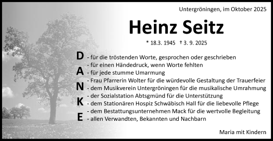 Traueranzeige von Heinz Seitz von Gmünder Tagespost