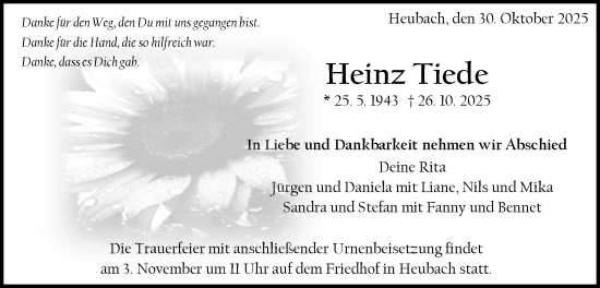 Traueranzeige von Heinz Tiede von Gmünder Tagespost